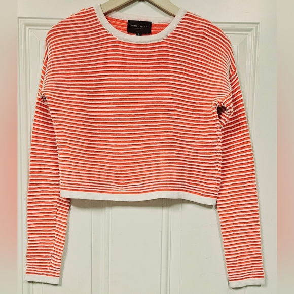 Orange Ribbed knit striped 2 pcs set Cotton long sleeves tops mini Skirt size S - Picture 2 of 12